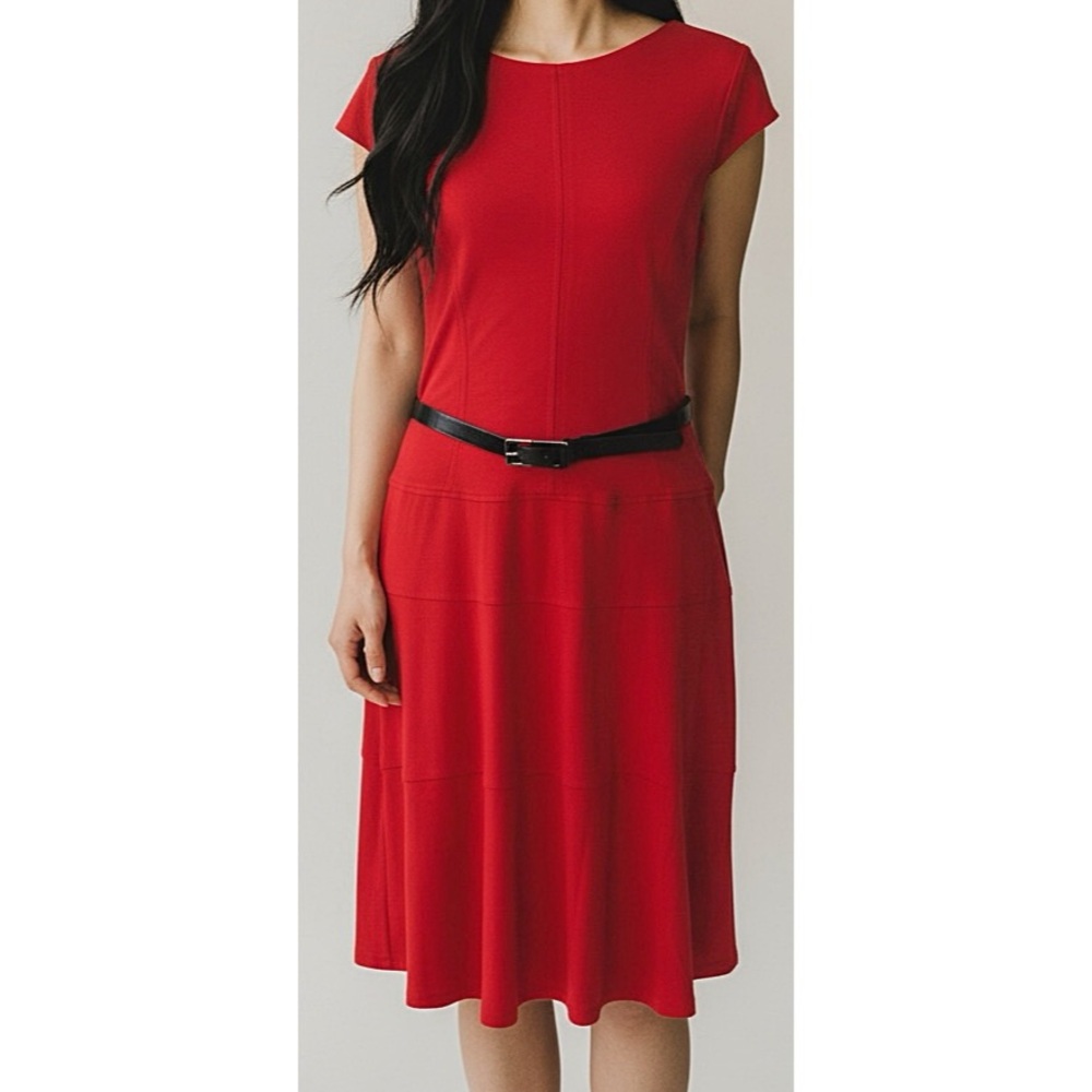 Anne Klein Size 12 Cardinal Red Belted Fit & Flare Style Dress